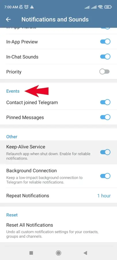 به سمت رویدادها بروید و تماس با عضویت در تلگرام را پیدا کنید.